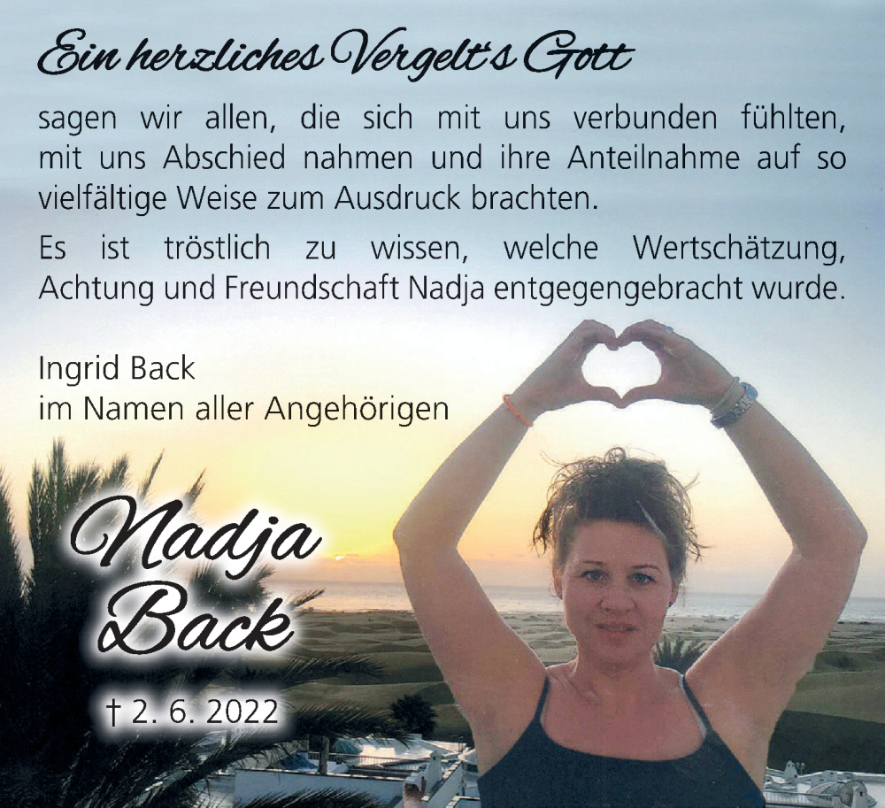  Traueranzeige für Nadja Back vom 02.07.2022 aus MGO