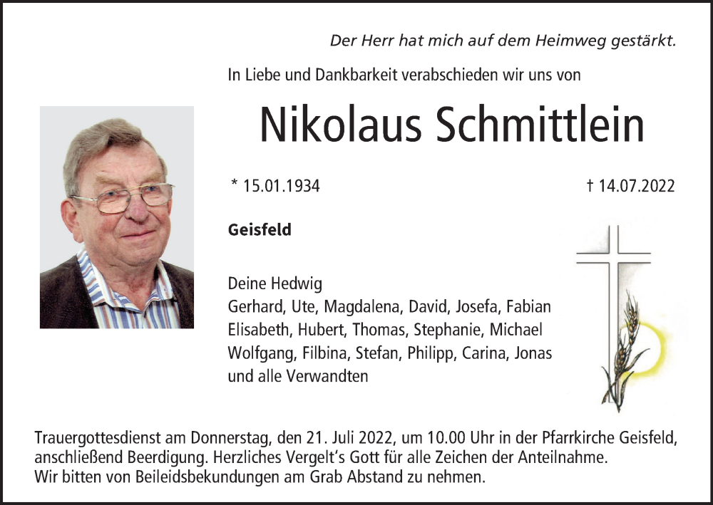  Traueranzeige für Nikolaus Schmittlein vom 16.07.2022 aus MGO