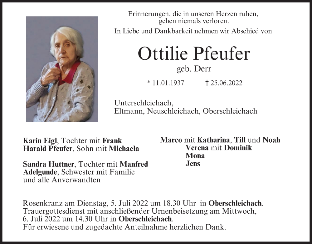  Traueranzeige für Ottilie Pfeufer vom 02.07.2022 aus MGO