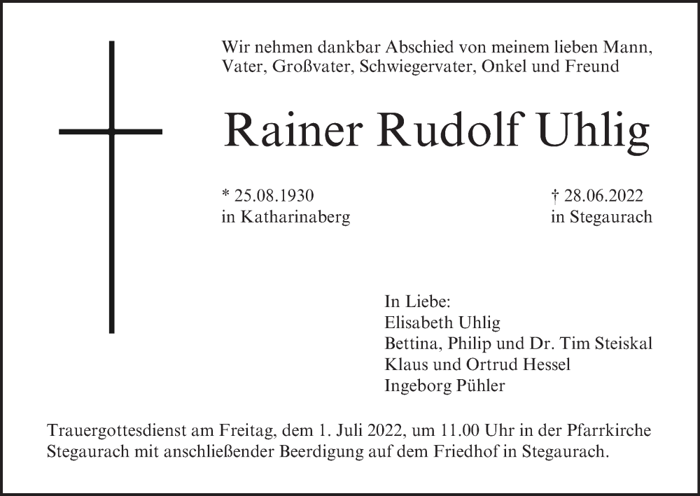  Traueranzeige für Rainer Rudolf Uhlig vom 30.06.2022 aus MGO
