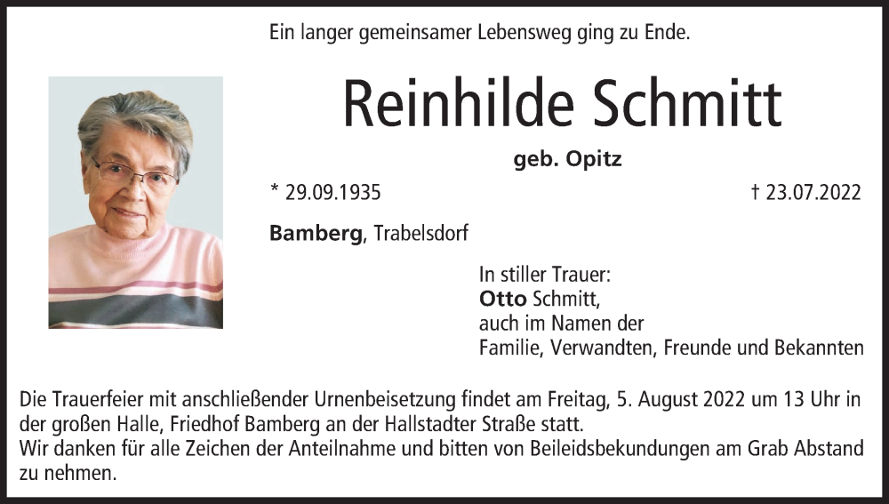  Traueranzeige für Reinhilde Schmitt vom 30.07.2022 aus MGO
