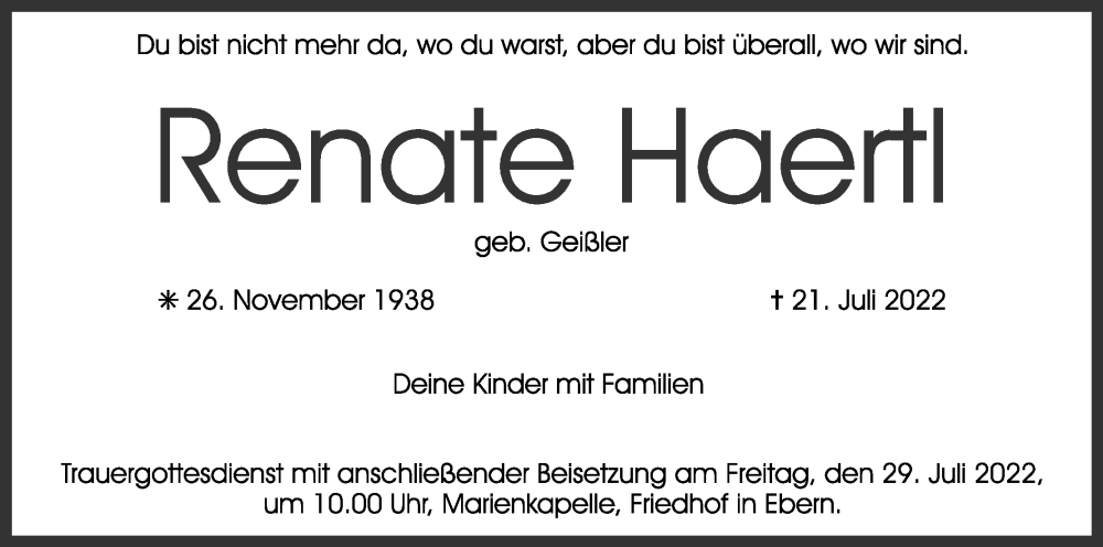  Traueranzeige für Renate Haertl vom 23.07.2022 aus MGO