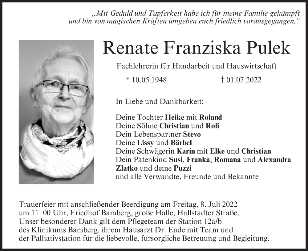  Traueranzeige für Renate Franziska Pulek vom 06.07.2022 aus MGO