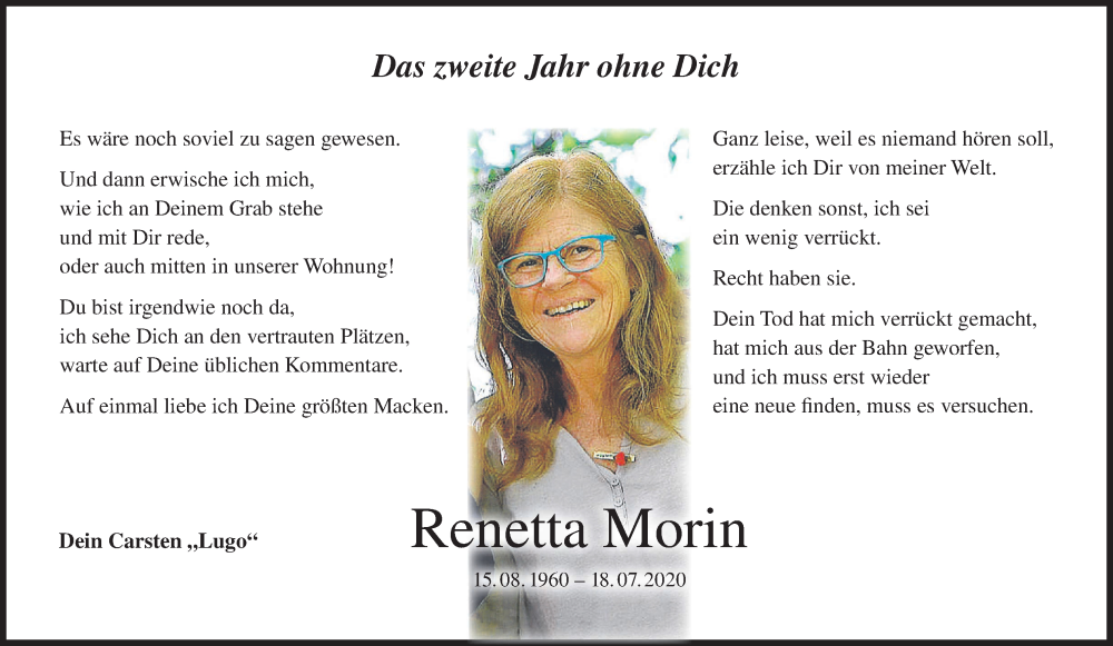  Traueranzeige für Renetta Morin vom 16.07.2022 aus MGO