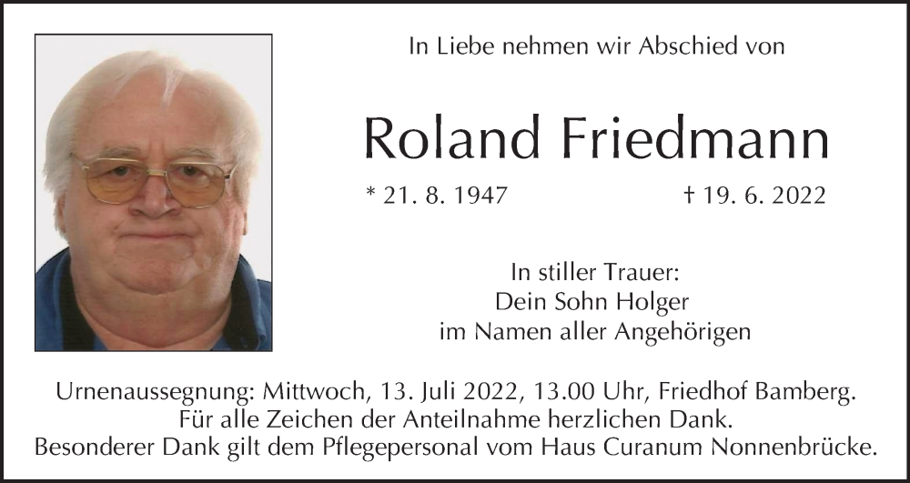  Traueranzeige für Roland Friedmann vom 09.07.2022 aus MGO