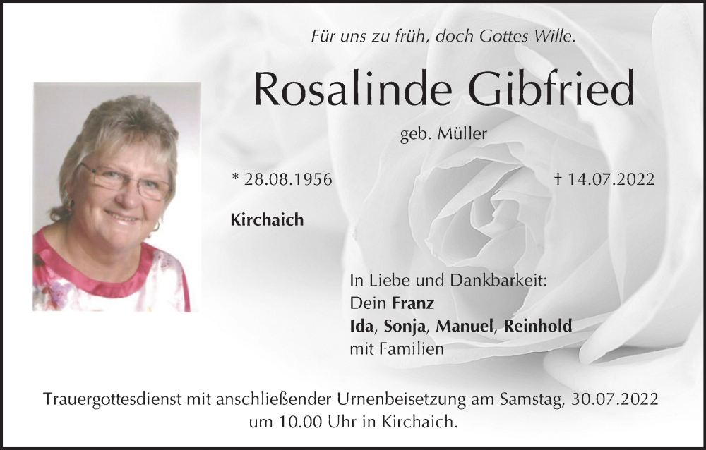  Traueranzeige für Rosalinde Gibfried vom 27.07.2022 aus MGO