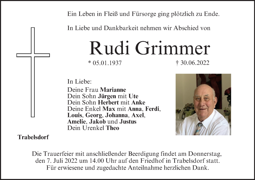  Traueranzeige für Rudi Grimmer vom 05.07.2022 aus MGO