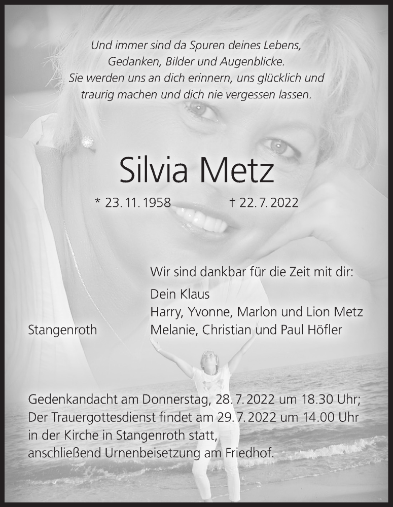  Traueranzeige für Silvia Metz vom 27.07.2022 aus MGO
