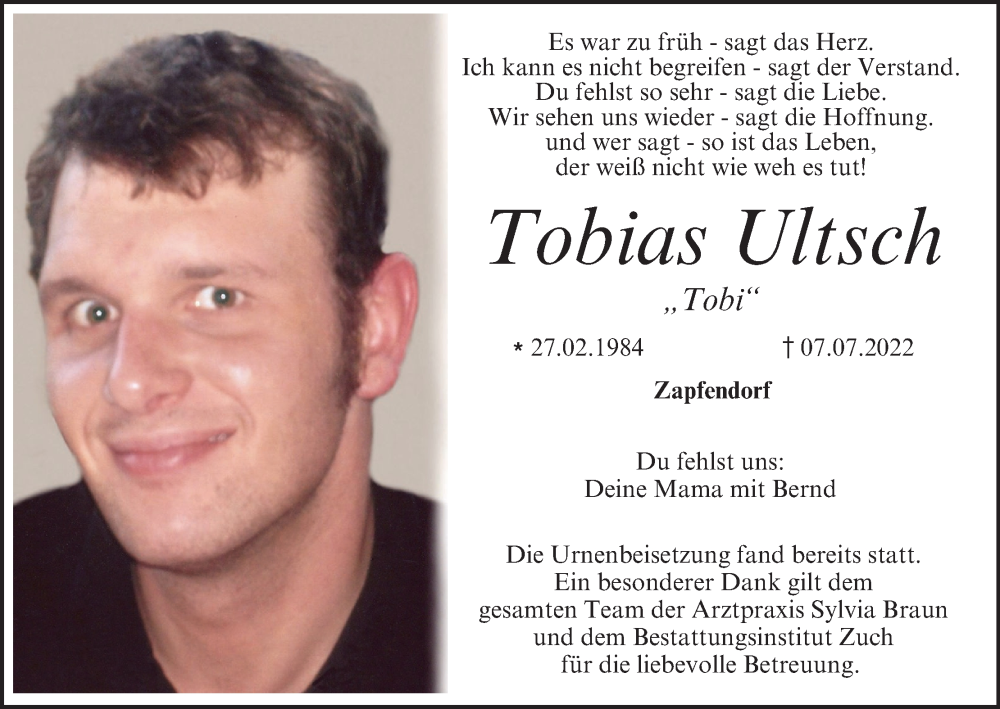  Traueranzeige für Tobias Ultsch vom 23.07.2022 aus MGO