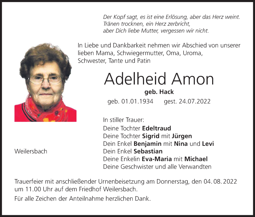  Traueranzeige für Adelheid Amon vom 02.08.2022 aus MGO