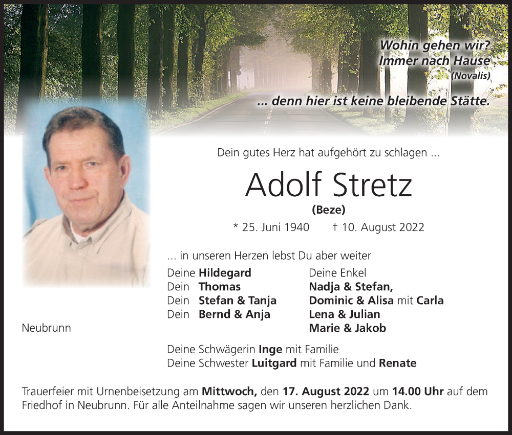  Traueranzeige für Adolf Stretz vom 13.08.2022 aus MGO