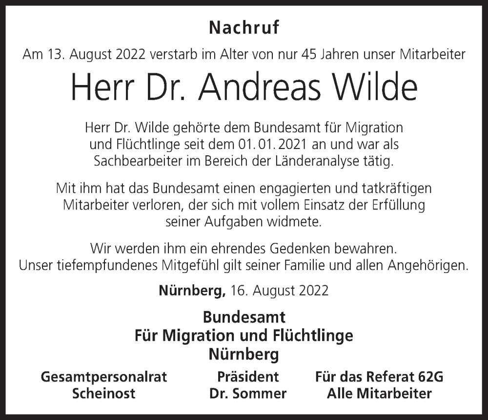  Traueranzeige für Andreas Wilde vom 22.08.2022 aus MGO
