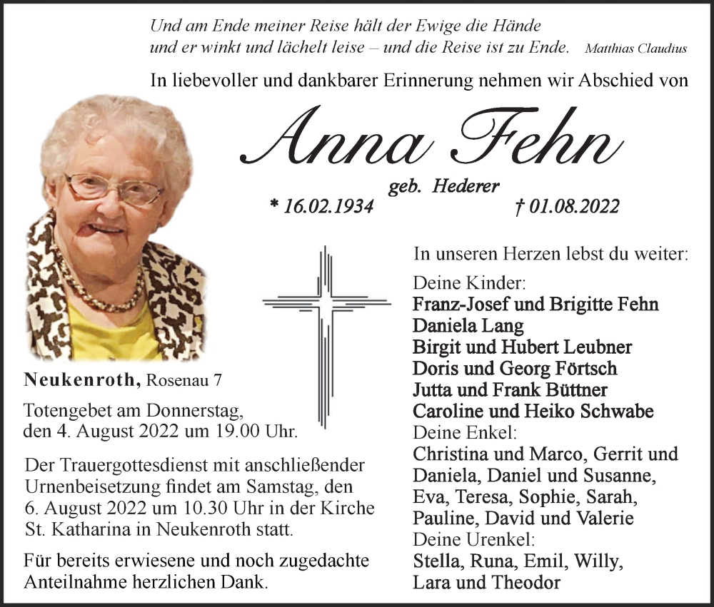  Traueranzeige für Anna Fehn vom 04.08.2022 aus MGO
