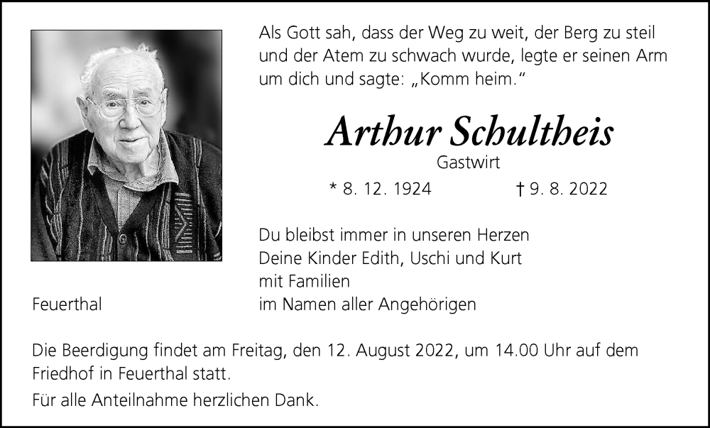  Traueranzeige für Arthur Schultheis vom 10.08.2022 aus MGO
