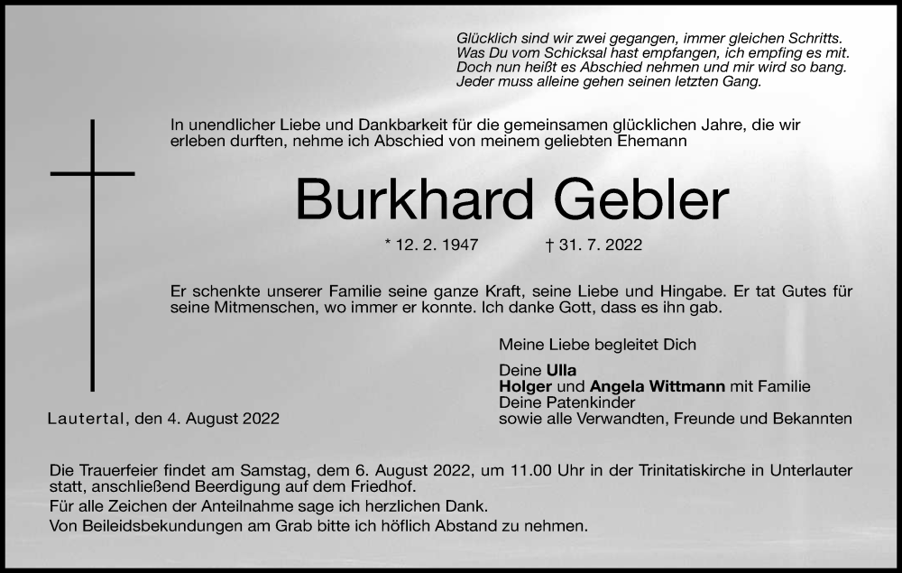  Traueranzeige für Burkhard Gebler vom 04.08.2022 aus MGO