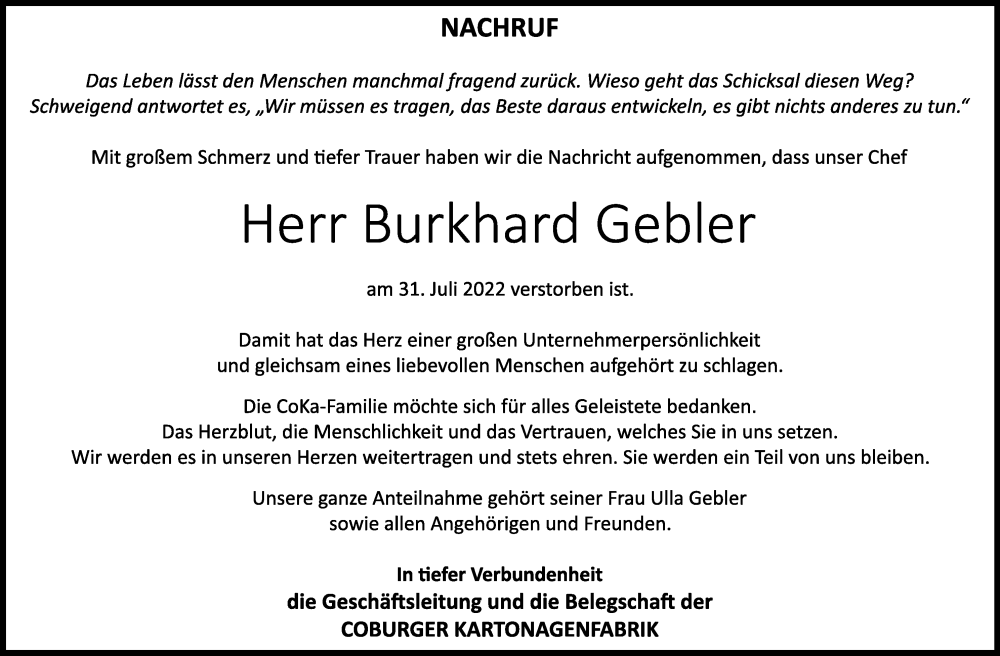  Traueranzeige für Burkhard Gebler vom 06.08.2022 aus MGO