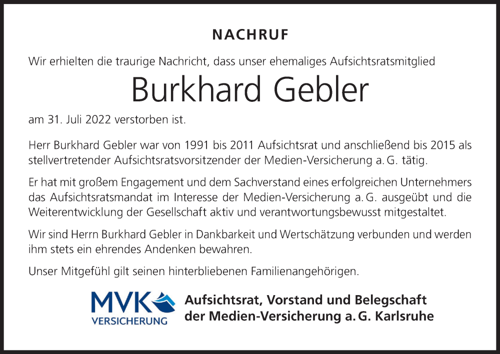  Traueranzeige für Burkhard Gebler vom 06.08.2022 aus MGO