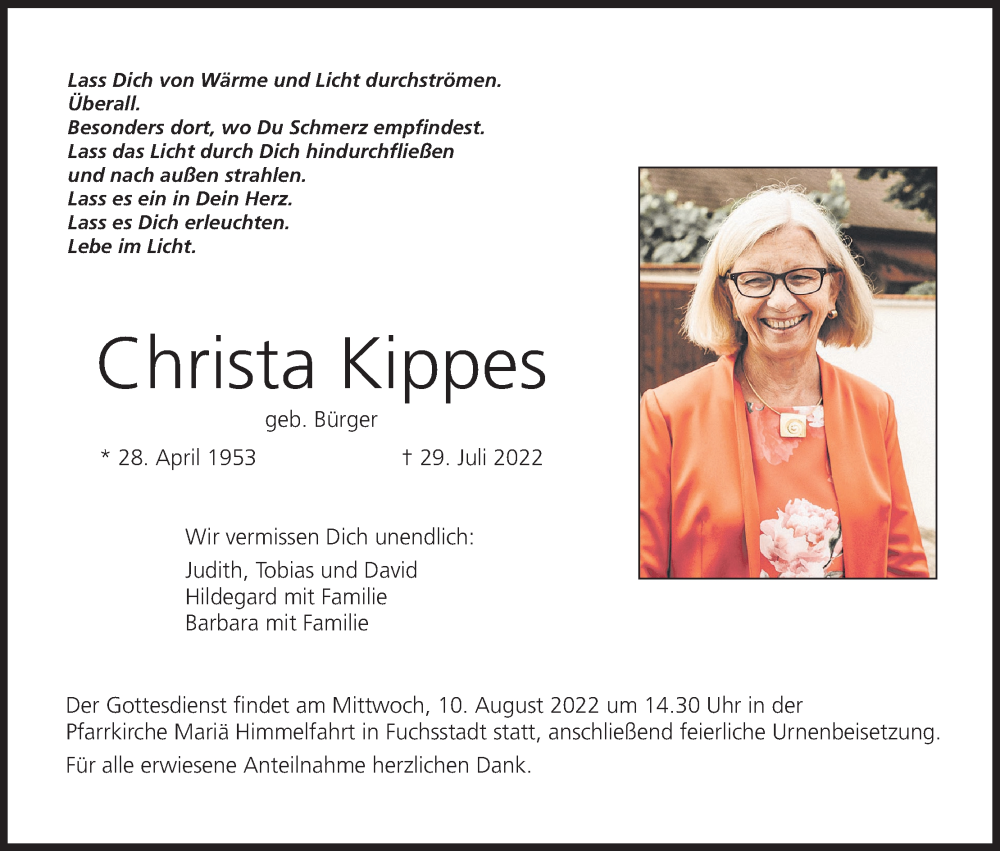  Traueranzeige für Christa Kippes vom 06.08.2022 aus MGO