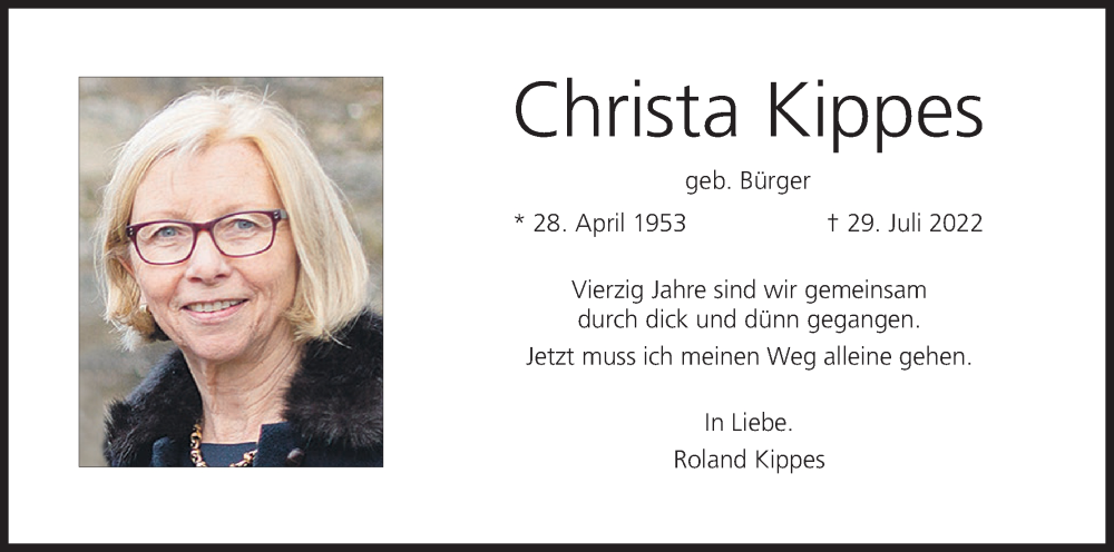  Traueranzeige für Christa Kippes vom 06.08.2022 aus MGO
