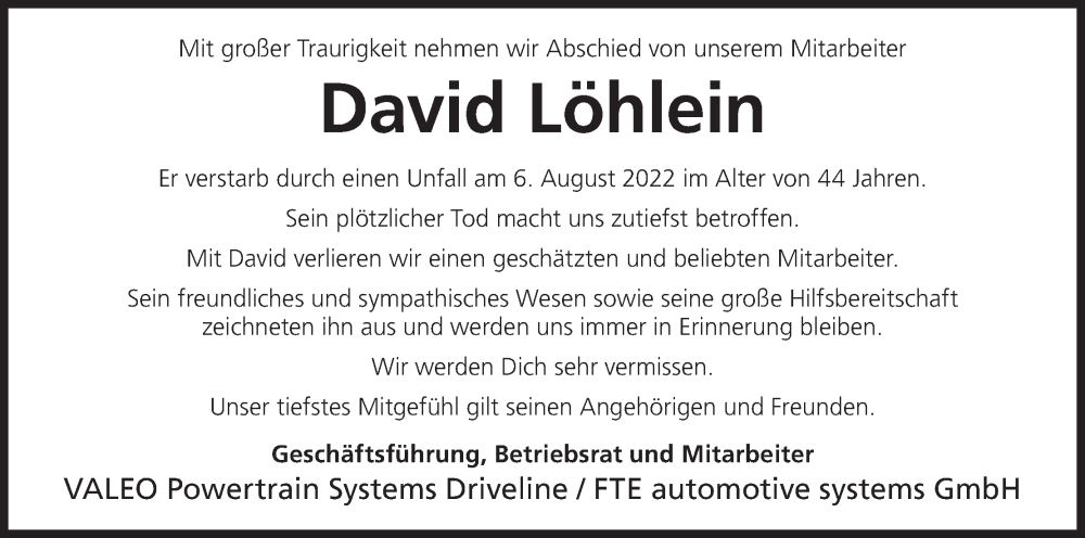  Traueranzeige für David Löhlein vom 13.08.2022 aus MGO