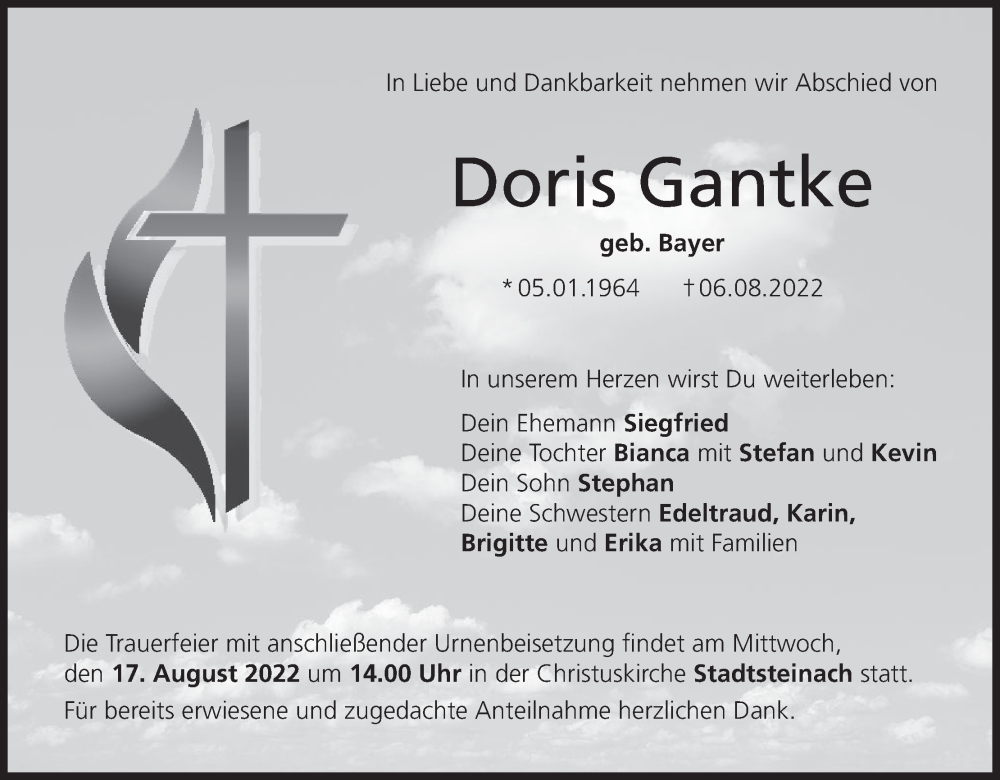  Traueranzeige für Doris Gantke vom 16.08.2022 aus MGO