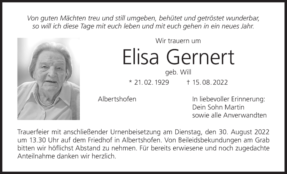 Elisa Gernert | Traueranzeige | trauer.inFranken.de