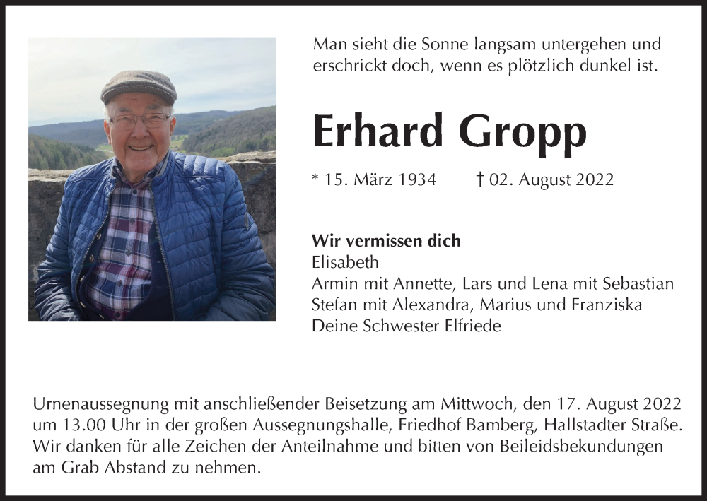  Traueranzeige für Erhard Gropp vom 13.08.2022 aus MGO