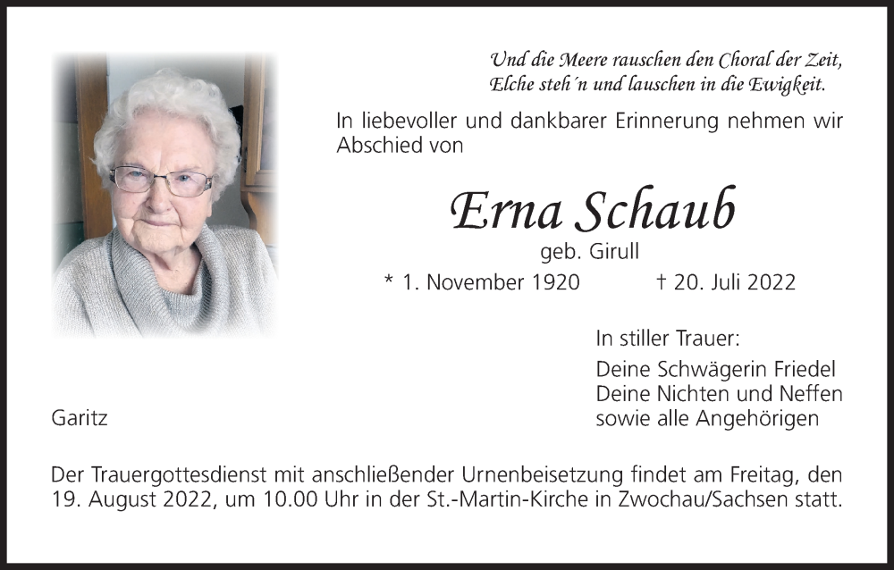  Traueranzeige für Erna Schaub vom 06.08.2022 aus MGO