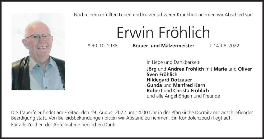  Traueranzeige für Erwin Fröhlich vom 17.08.2022 aus MGO