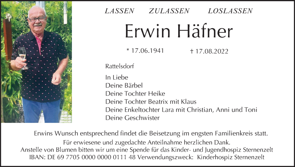  Traueranzeige für Erwin Häfner vom 20.08.2022 aus MGO