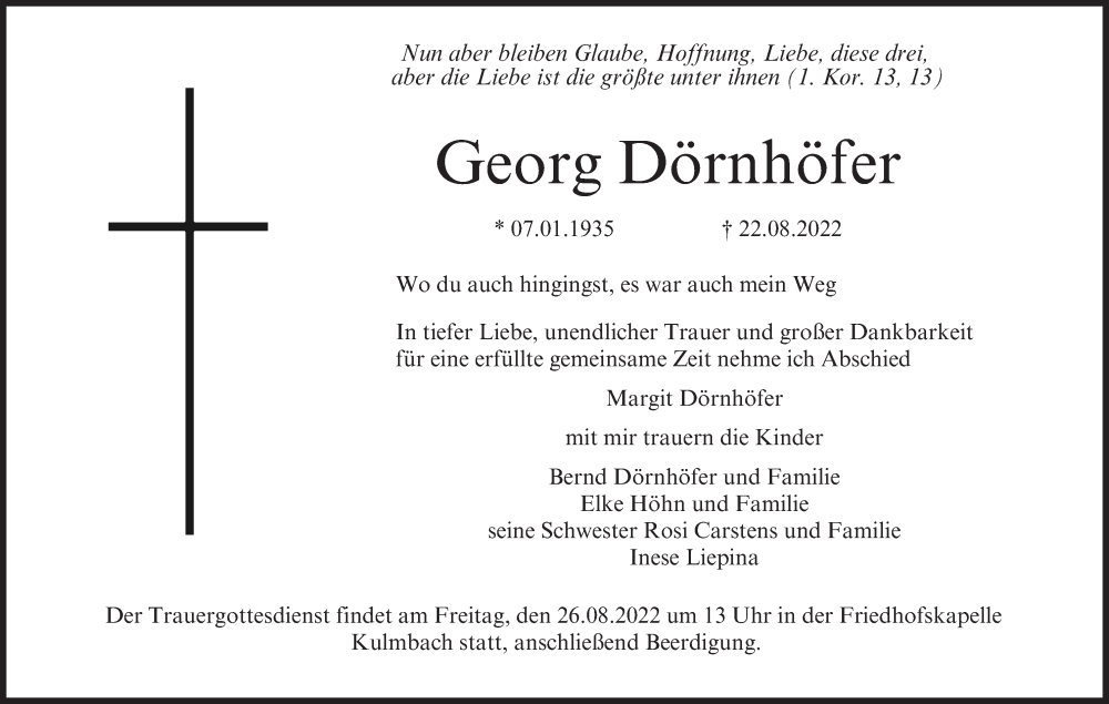  Traueranzeige für Georg Dörnhöfer vom 24.08.2022 aus MGO