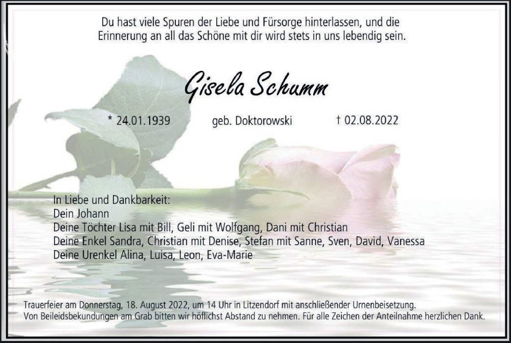  Traueranzeige für Gisela Schumm vom 13.08.2022 aus MGO