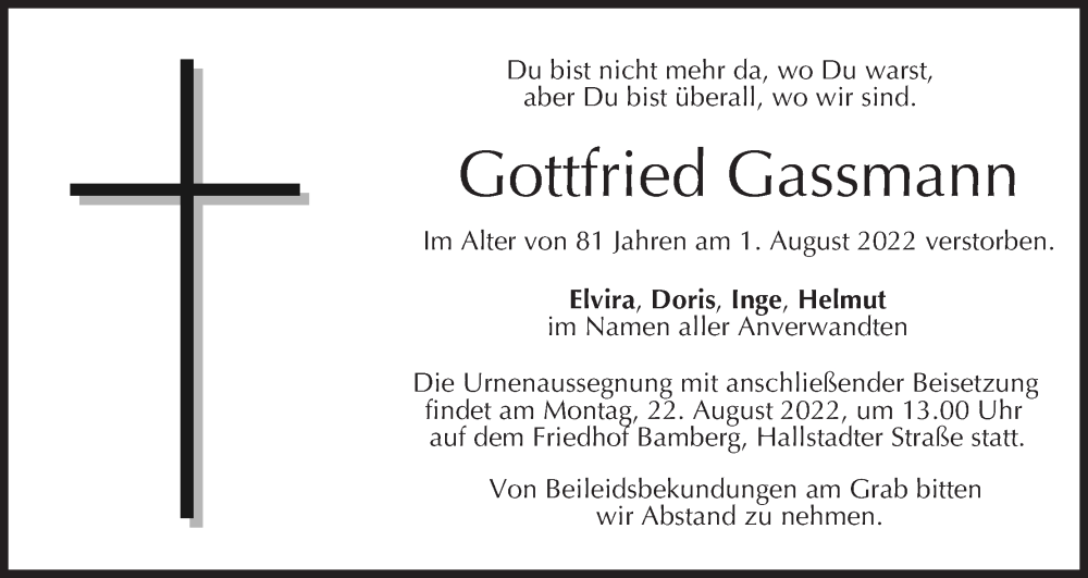  Traueranzeige für Gottfried Gassmann vom 13.08.2022 aus MGO