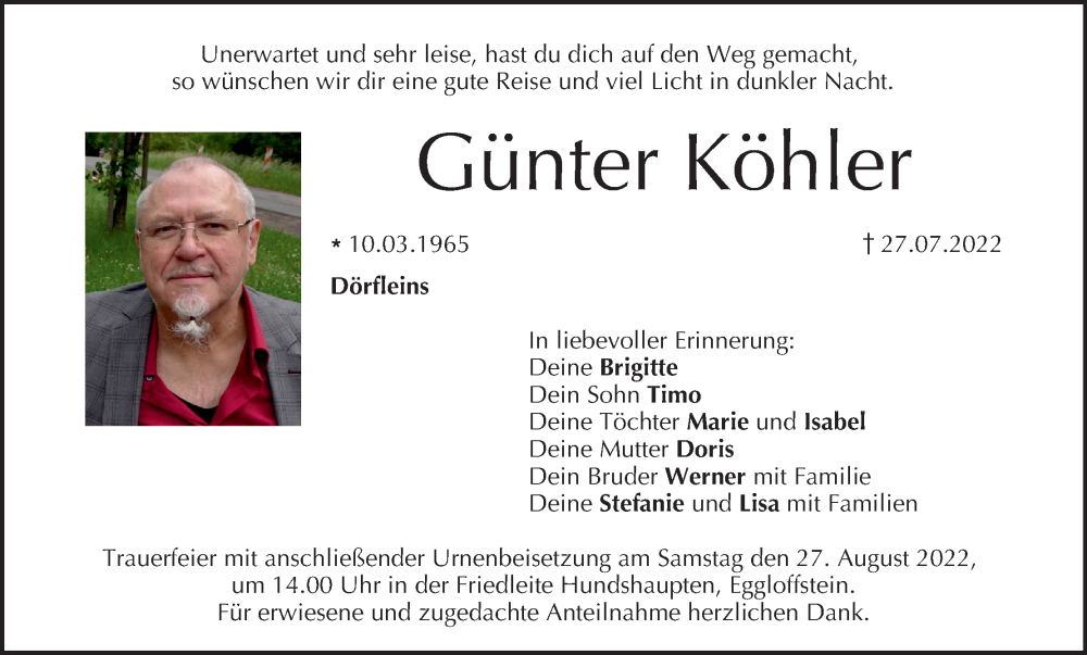  Traueranzeige für Günter Köhler vom 20.08.2022 aus MGO