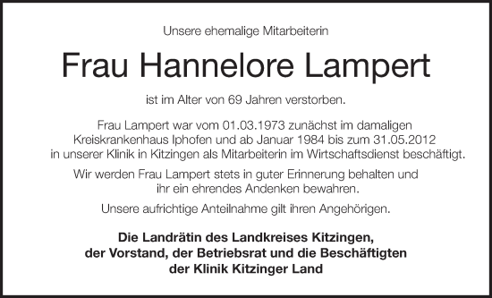 Anzeige von Hannelore Lampert von MGO