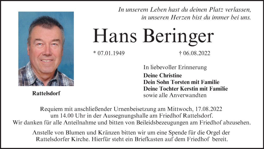  Traueranzeige für Hans Beringer vom 13.08.2022 aus MGO