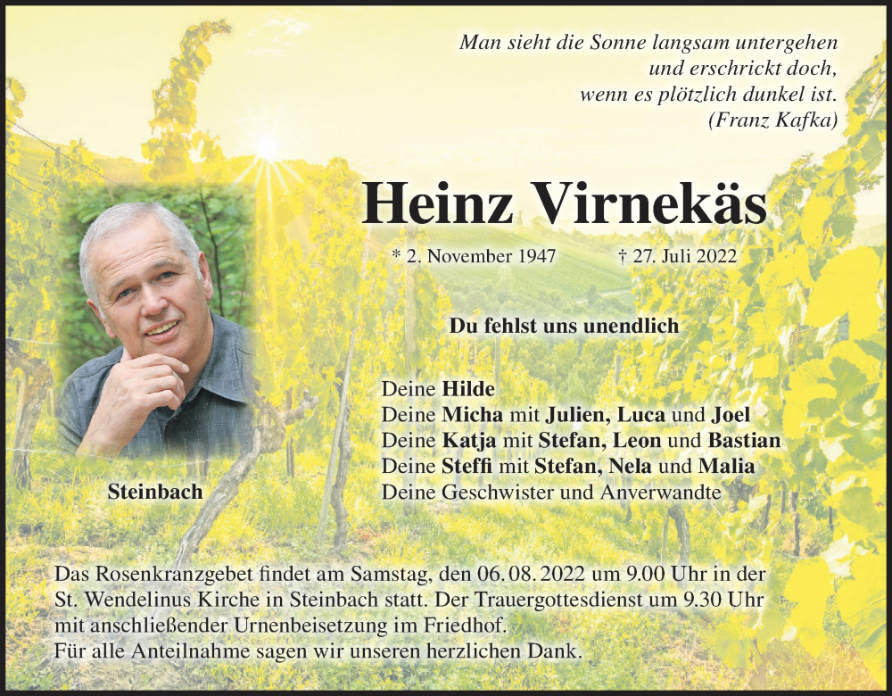  Traueranzeige für Heinz Virnekäs vom 01.08.2022 aus MGO