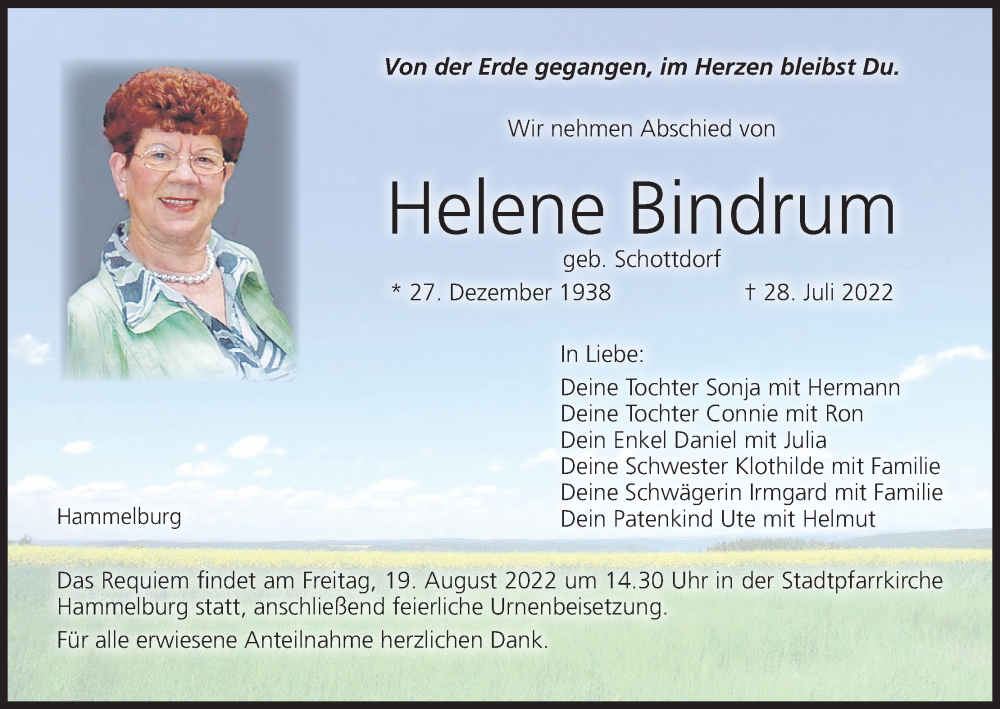  Traueranzeige für Helene Bindrum vom 13.08.2022 aus MGO