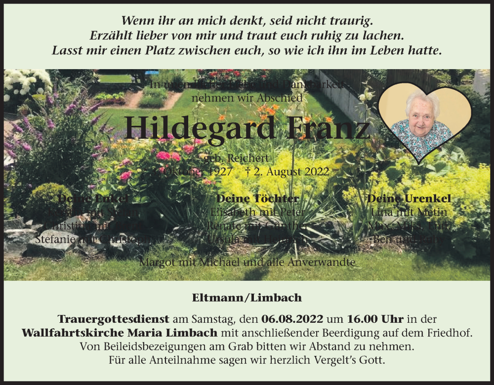  Traueranzeige für Hildegard Franz vom 05.08.2022 aus MGO