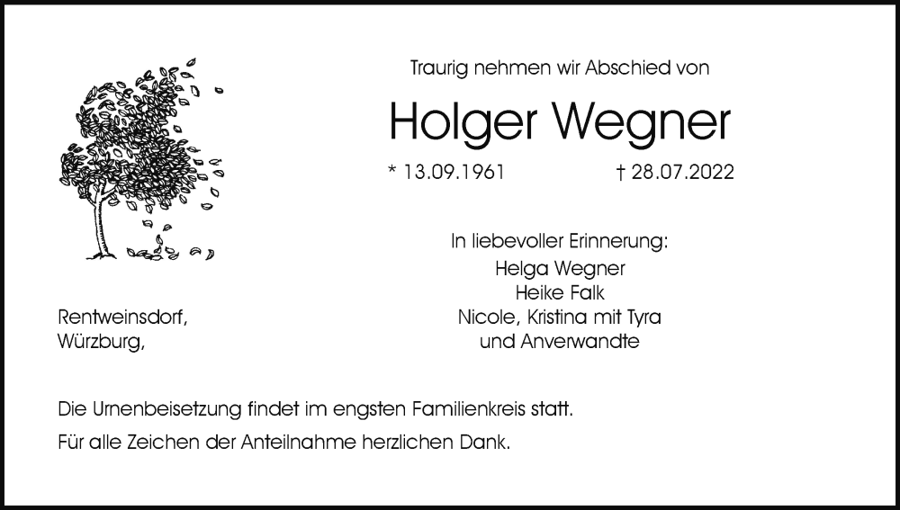  Traueranzeige für Holger Wegner vom 06.08.2022 aus MGO