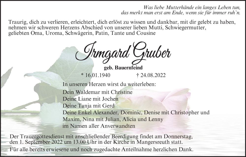  Traueranzeige für Irmgard Gruber vom 30.08.2022 aus MGO