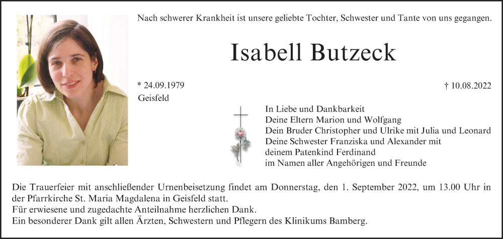  Traueranzeige für Isabell Butzeck vom 27.08.2022 aus MGO