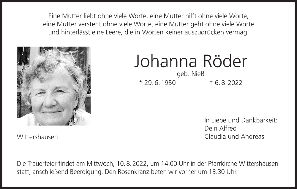  Traueranzeige für Johanna Röder vom 09.08.2022 aus MGO