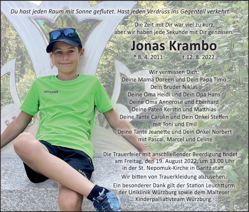  Traueranzeige für Jonas Krambo vom 17.08.2022 aus MGO