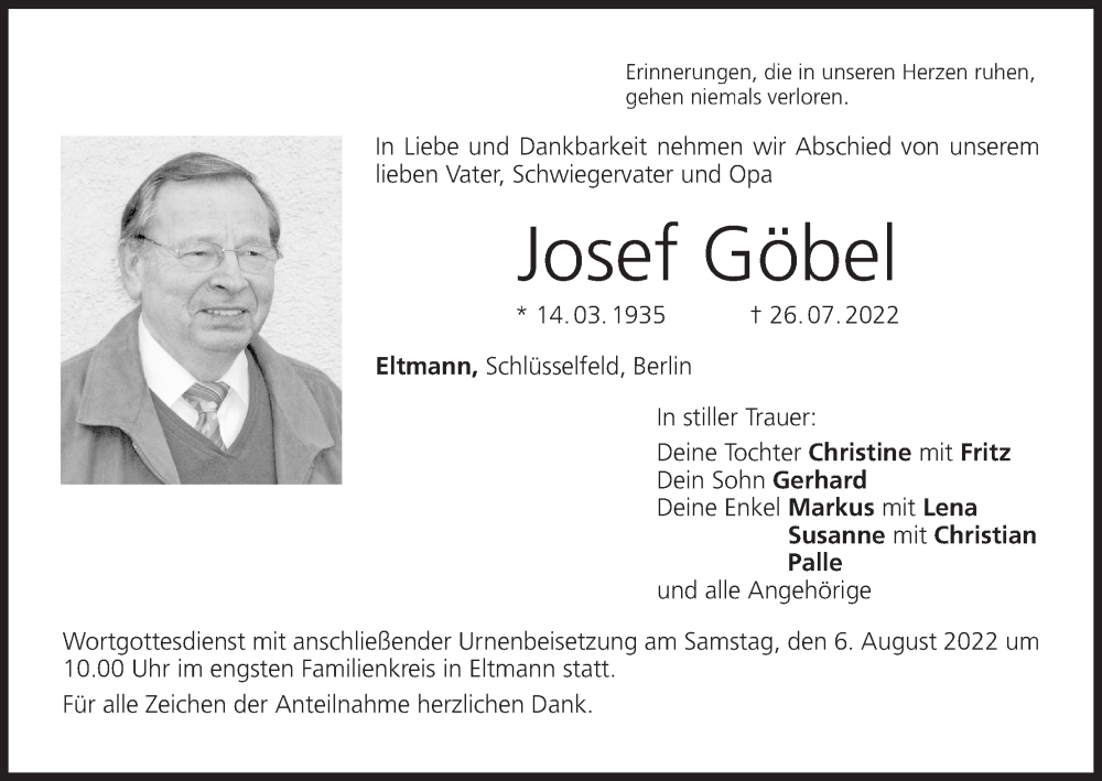  Traueranzeige für Josef Göbel vom 03.08.2022 aus MGO
