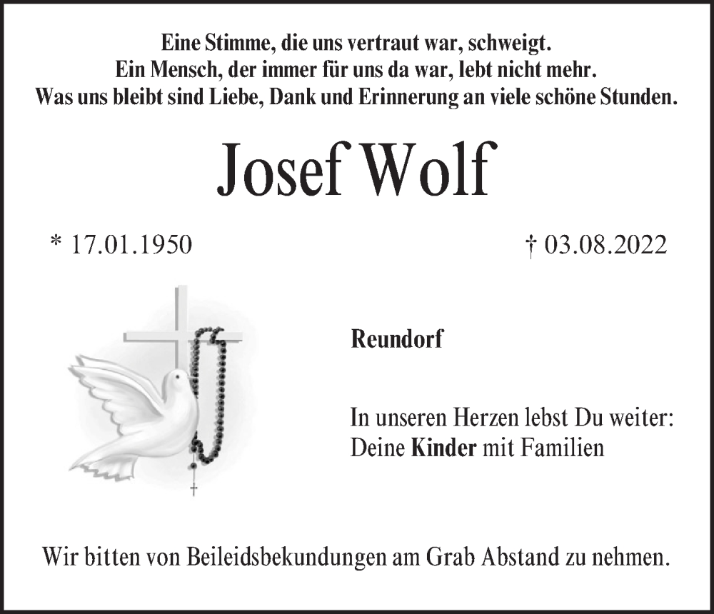  Traueranzeige für Josef Wolf vom 13.08.2022 aus MGO