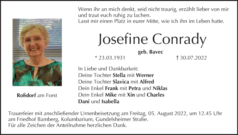  Traueranzeige für Josefine Conrady vom 02.08.2022 aus MGO