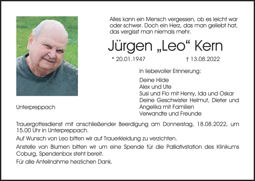  Traueranzeige für Jürgen Kern vom 16.08.2022 aus MGO