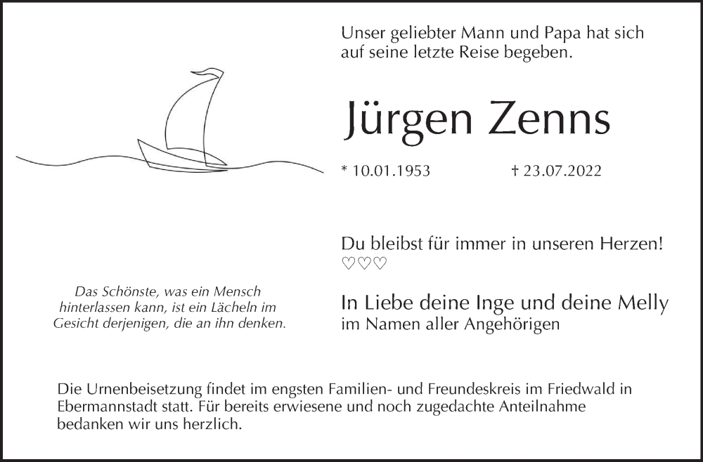  Traueranzeige für Jürgen Zenns vom 02.08.2022 aus MGO