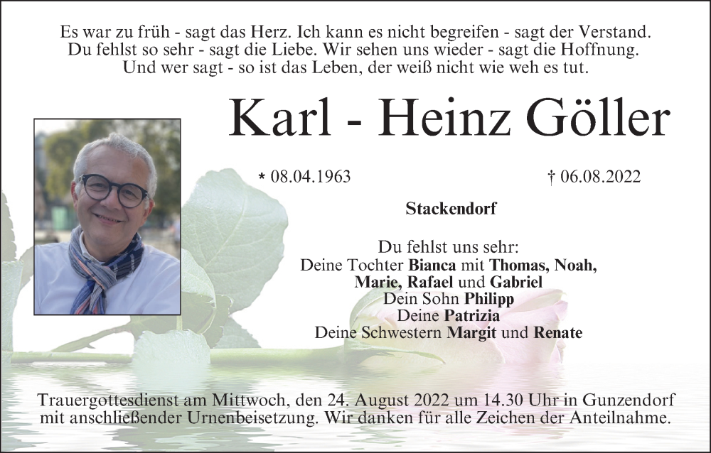  Traueranzeige für Karl-Heinz Göller vom 20.08.2022 aus MGO
